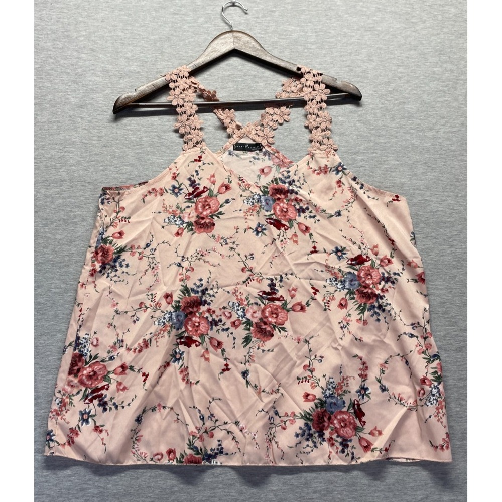 Emery Rose Cami Tank Top Womens XL Pink Floral Print V Neck Crochet Lace Strap